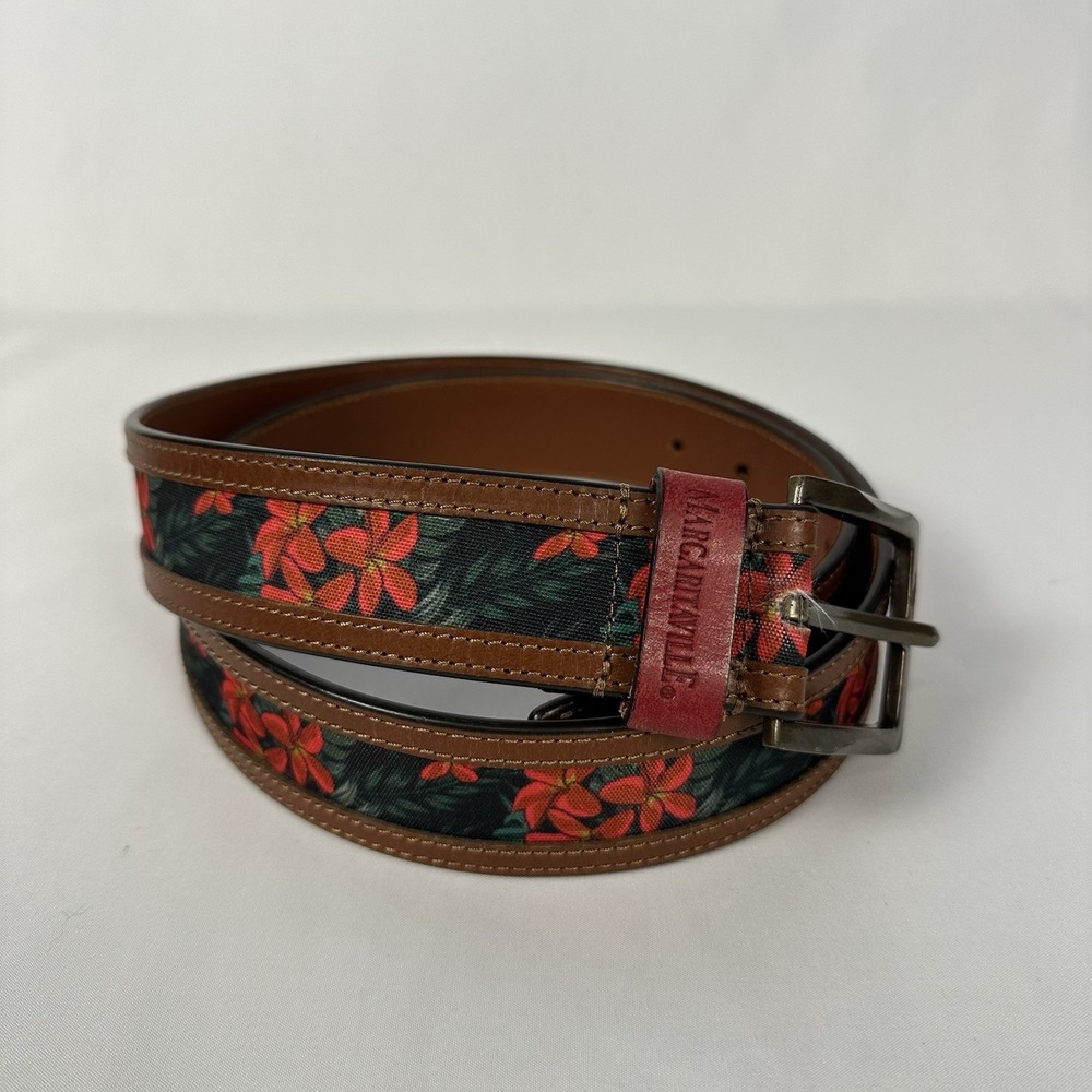 Margaritaville Leather Ribbon Belt Tropical Floral Hibiscus Mens 40 Brown Resort